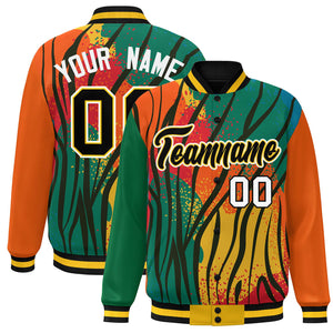 Custom Kelly Green Orange-Black Varsity Full-Zip Graffiti Pattern Letterman Bomber Jacket