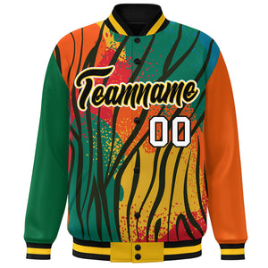 Custom Kelly Green Orange-Black Varsity Full-Zip Graffiti Pattern Letterman Bomber Jacket