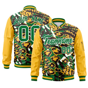 Custom Gold Kelly Green-White Varsity Full-Zip Graffiti Pattern Letterman Bomber Jacket