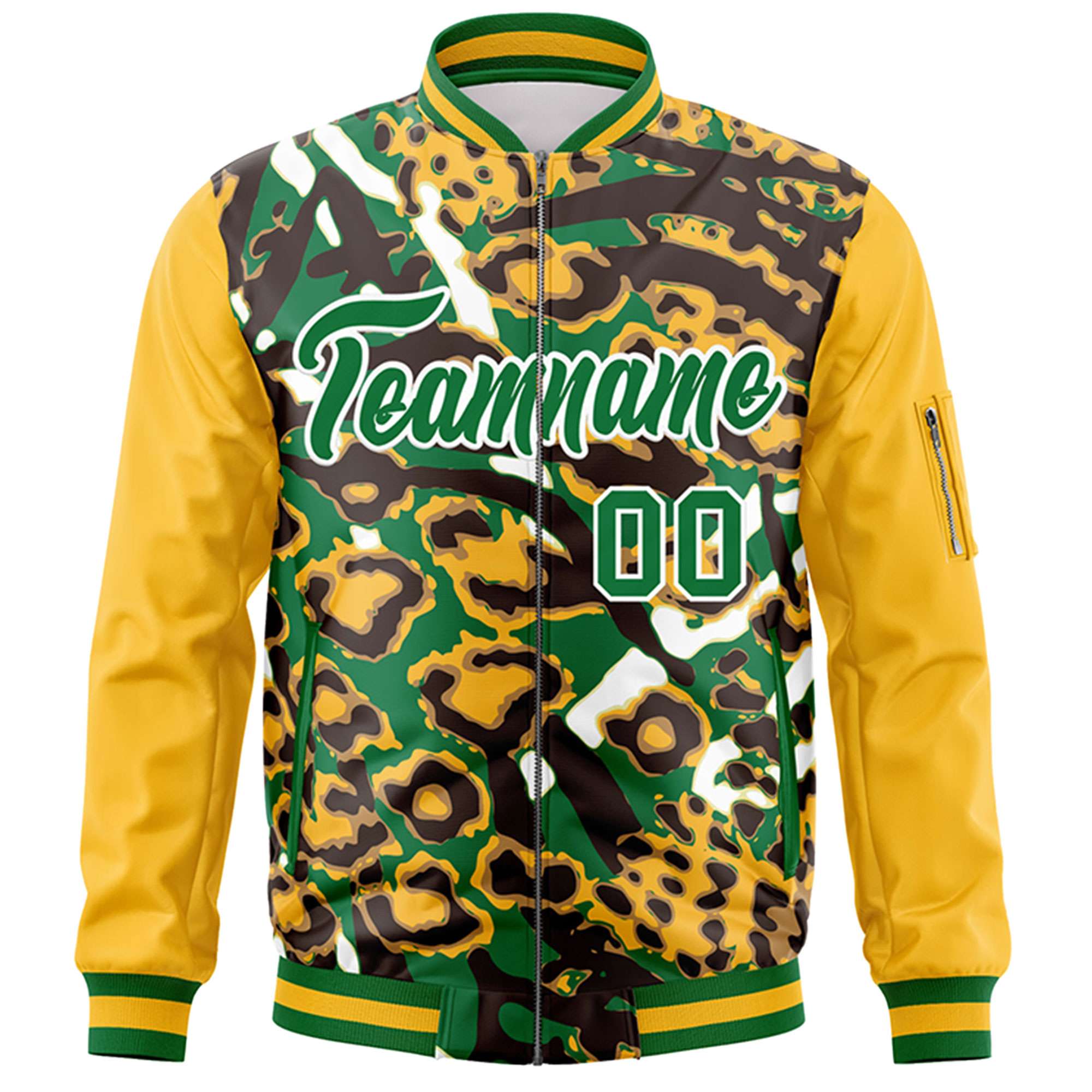 Custom Gold Kelly Green-White Varsity Full-Zip Graffiti Pattern Letterman Bomber Jacket