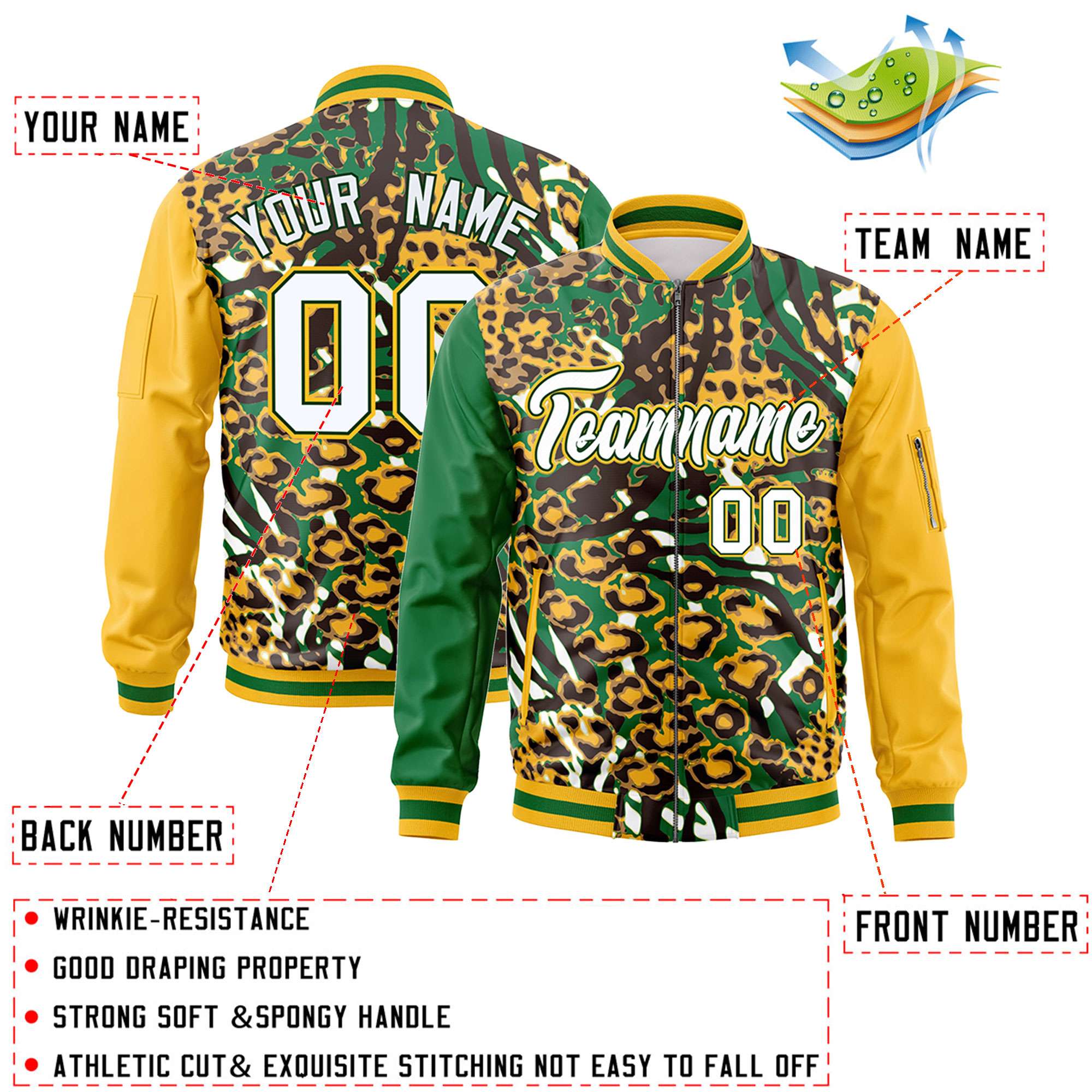 Custom Kelly Green Gold-White Varsity Full-Zip Graffiti Pattern Letterman Bomber Jacket