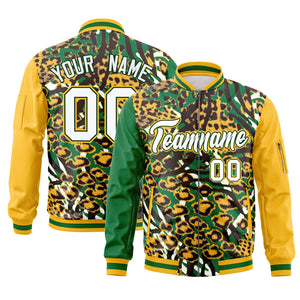 Custom Kelly Green Gold-White Varsity Full-Zip Graffiti Pattern Letterman Bomber Jacket