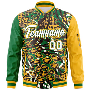 Custom Kelly Green Gold-White Varsity Full-Zip Graffiti Pattern Letterman Bomber Jacket