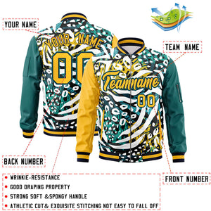 Custom Gold Aqua Varsity Full-Zip Graffiti Pattern Letterman Bomber Jacket