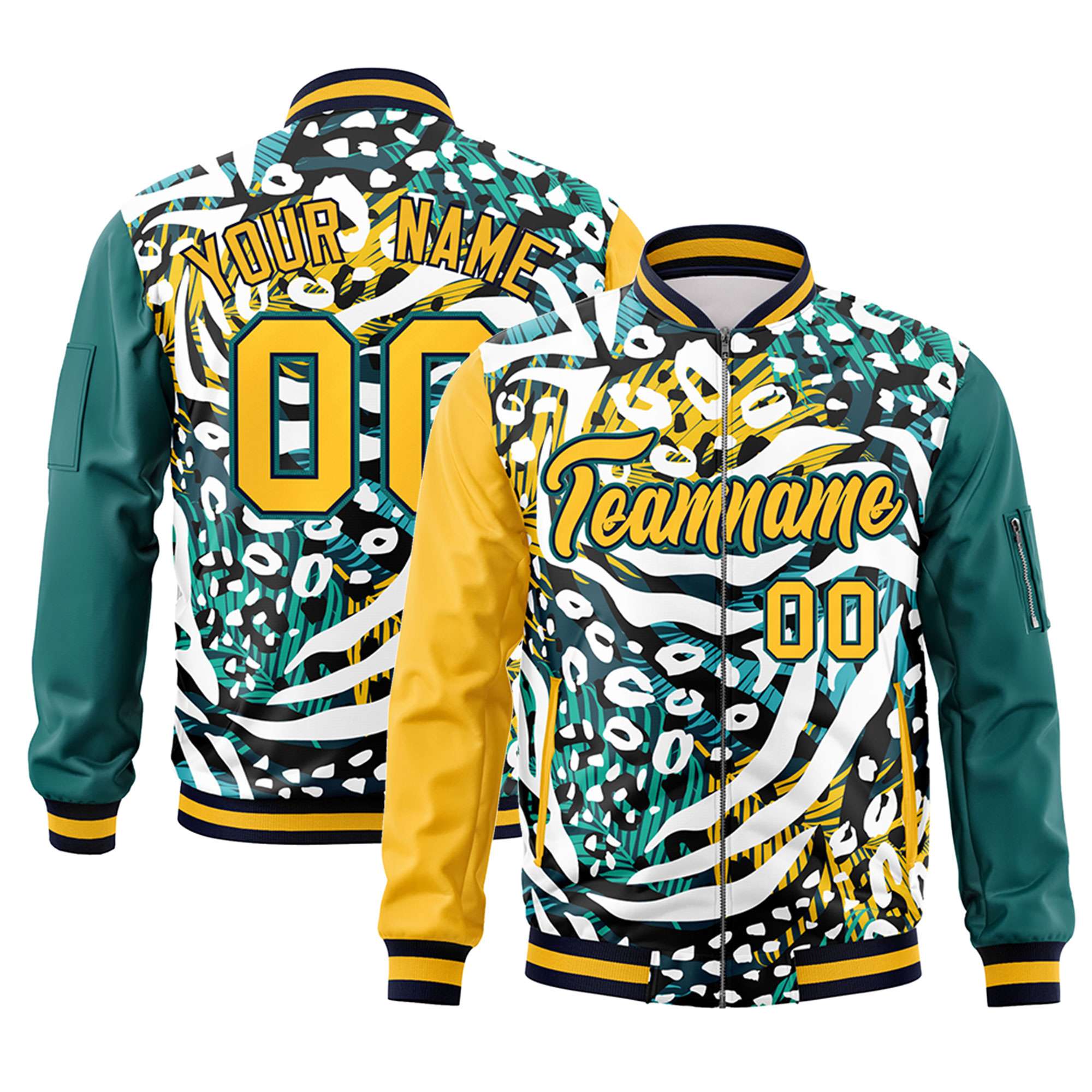 Custom Gold Aqua Varsity Full-Zip Graffiti Pattern Letterman Bomber Jacket