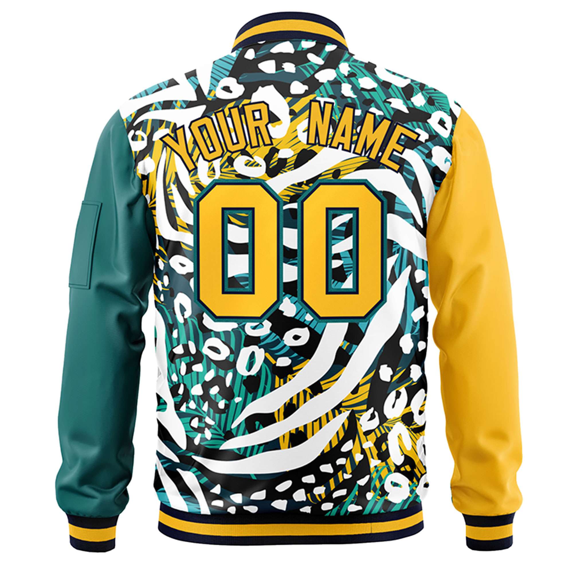 Custom Gold Aqua Varsity Full-Zip Graffiti Pattern Letterman Bomber Jacket