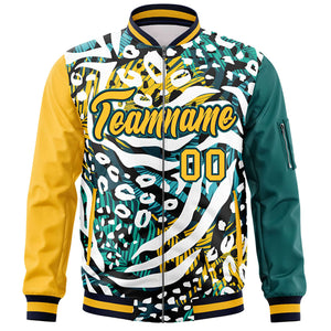 Custom Gold Aqua Varsity Full-Zip Graffiti Pattern Letterman Bomber Jacket