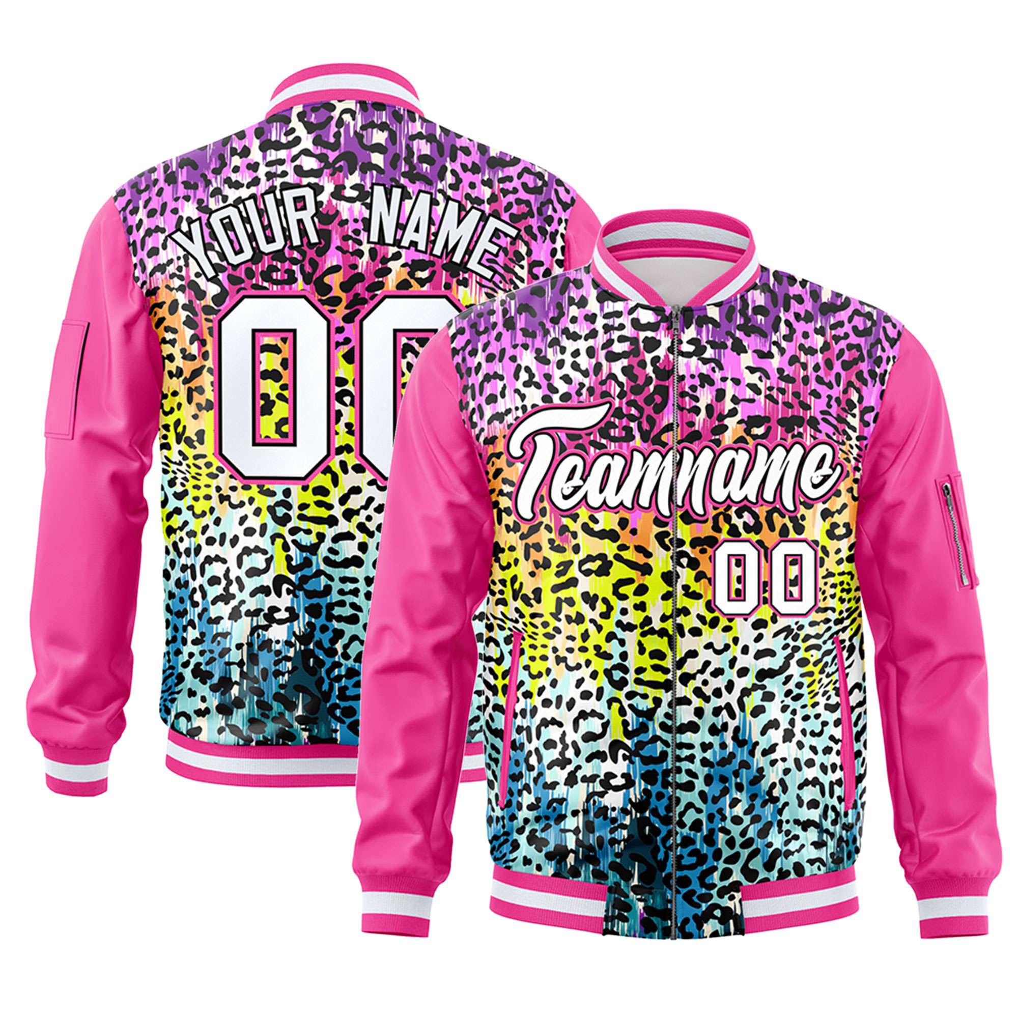 Custom Pink White Varsity Full-Zip Graffiti Pattern Letterman Bomber Jacket