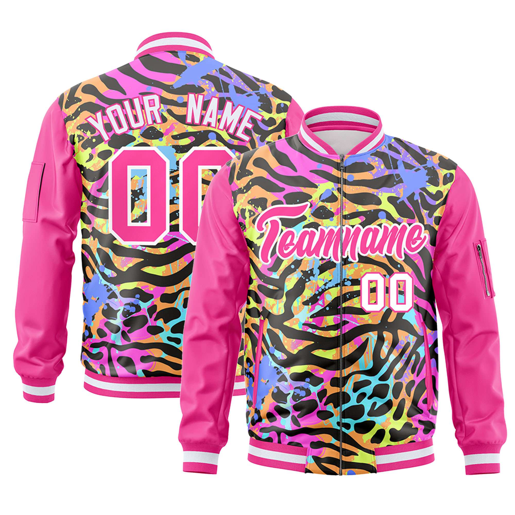 Custom Pink White Varsity Full-Zip Graffiti Pattern Letterman Bomber Jacket