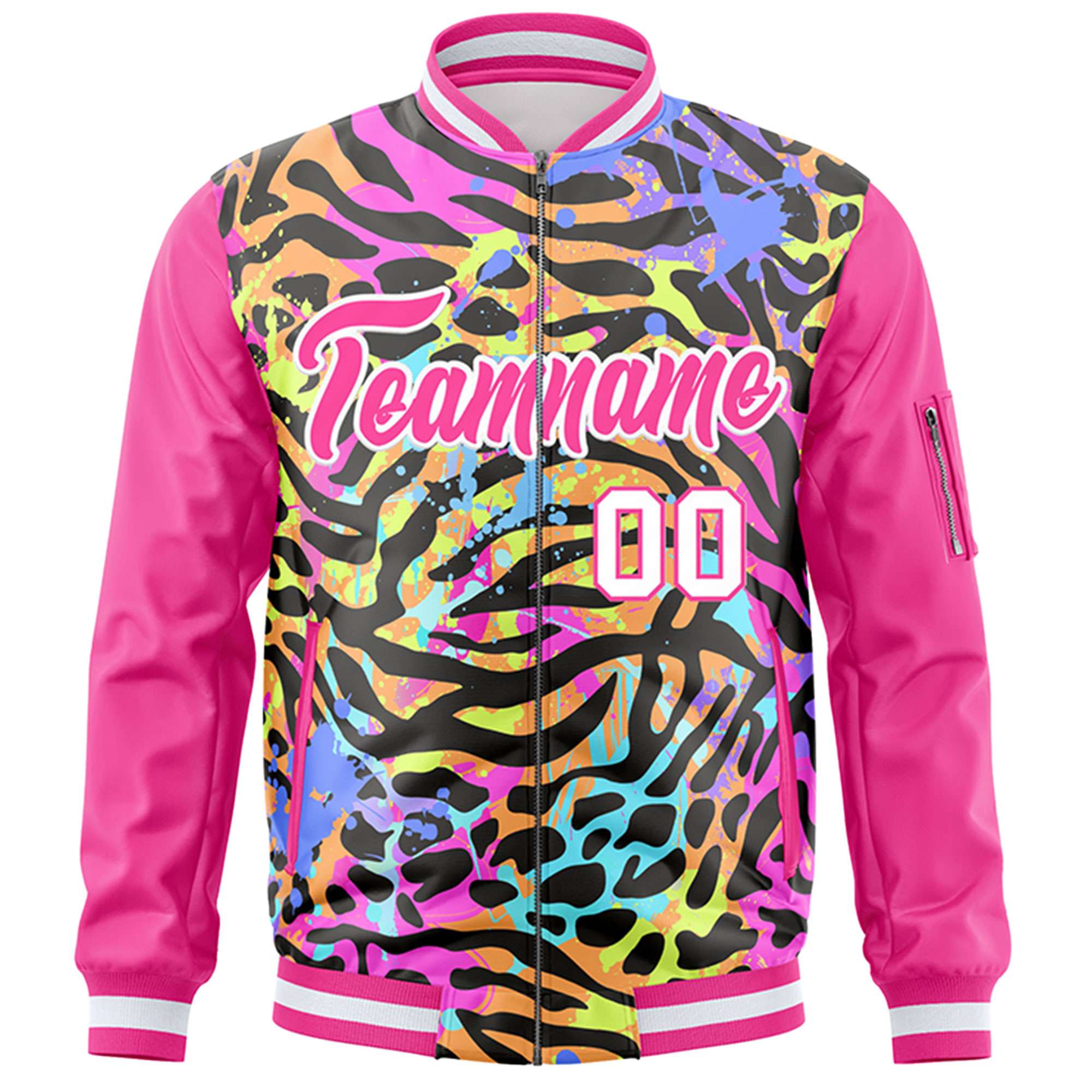 Custom Pink White Varsity Full-Zip Graffiti Pattern Letterman Bomber Jacket