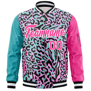 Custom Aqua Pink-White Varsity Full-Zip Graffiti Pattern Letterman Bomber Jacket