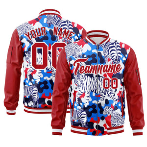 Custom Red White Varsity Full-Zip Graffiti Pattern Letterman Bomber Jacket