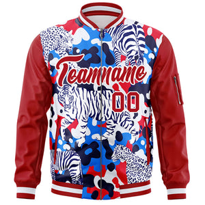 Custom Red White Varsity Full-Zip Graffiti Pattern Letterman Bomber Jacket