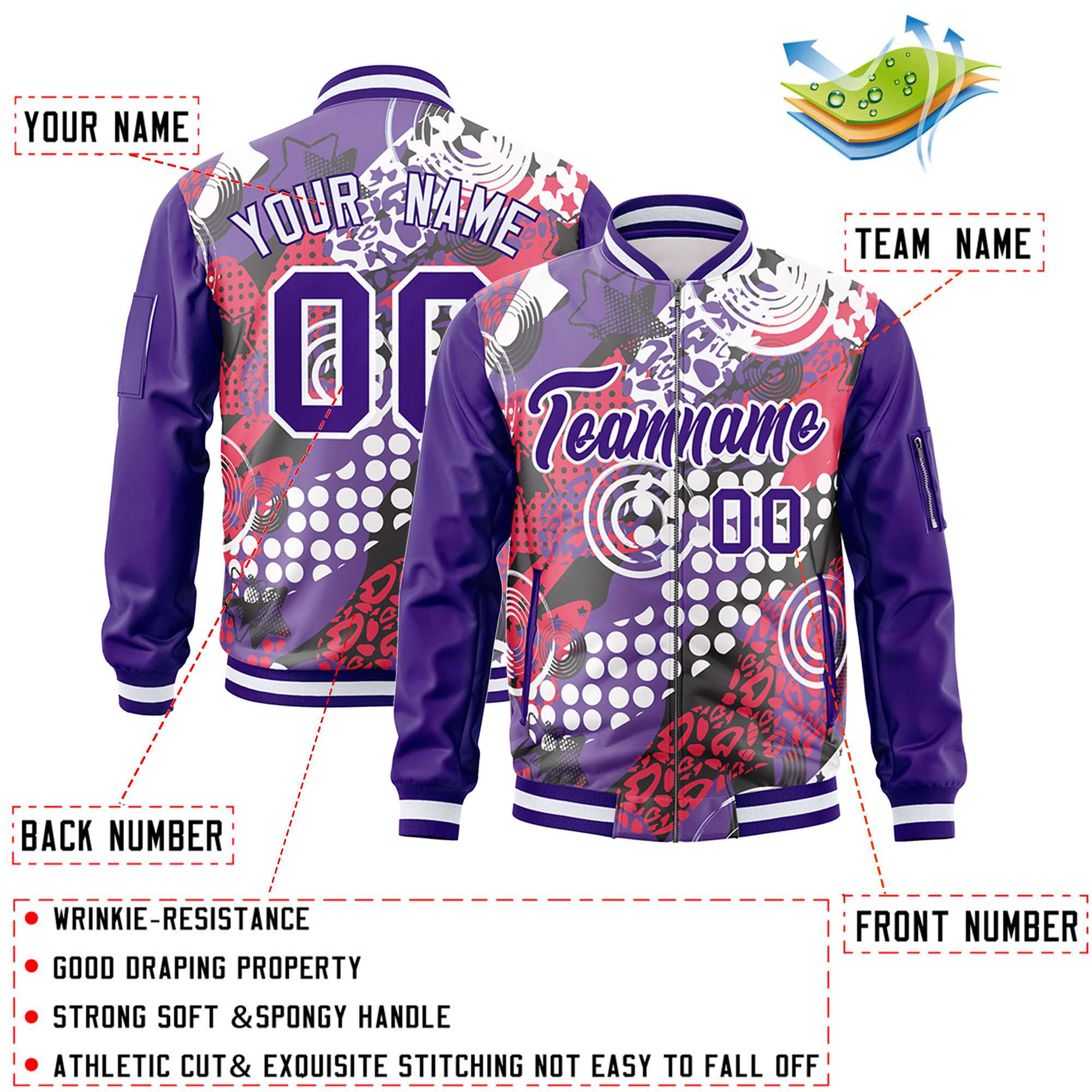 Custom Purple White Varsity Full-Zip Graffiti Pattern Letterman Bomber Jacket