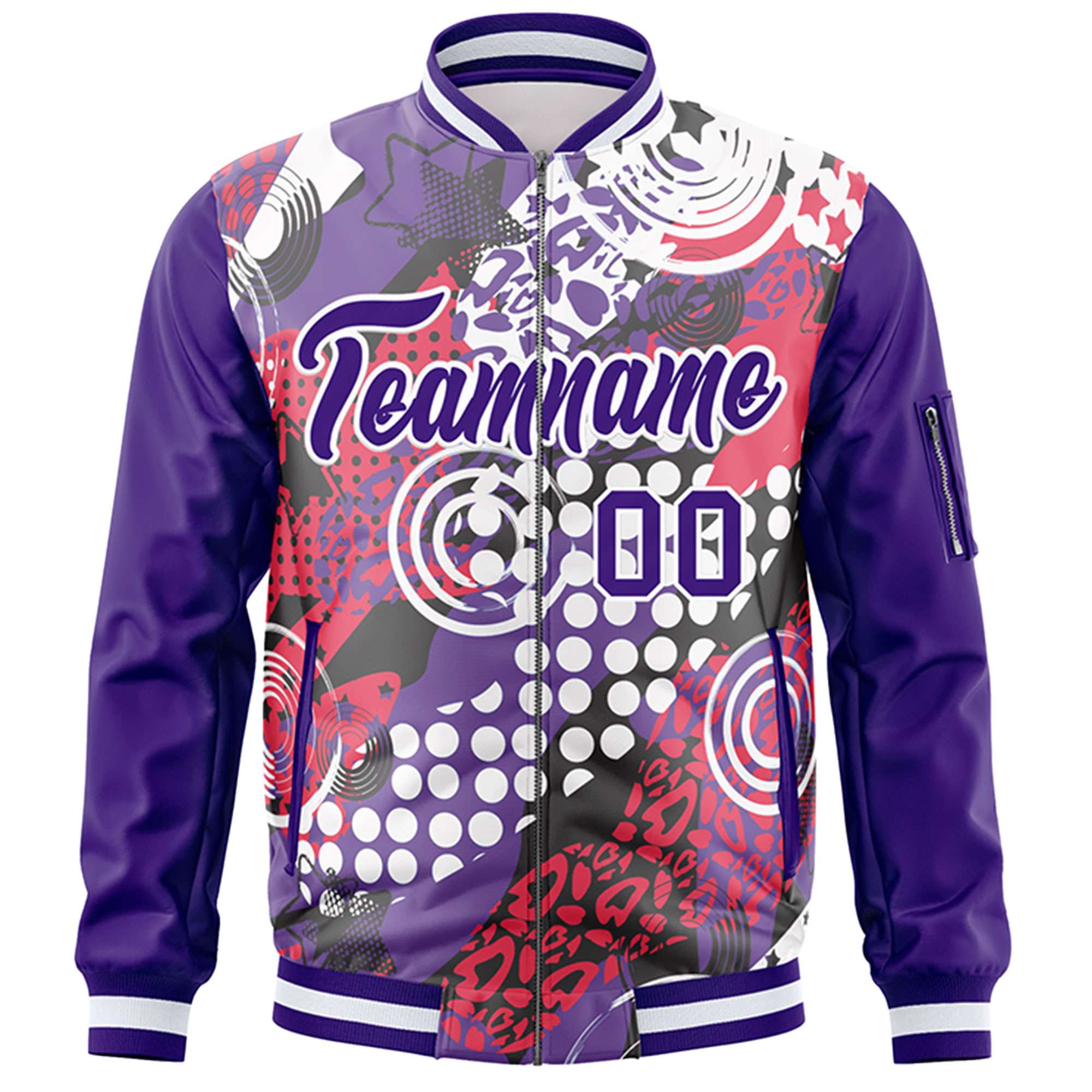 Custom Purple White Varsity Full-Zip Graffiti Pattern Letterman Bomber Jacket