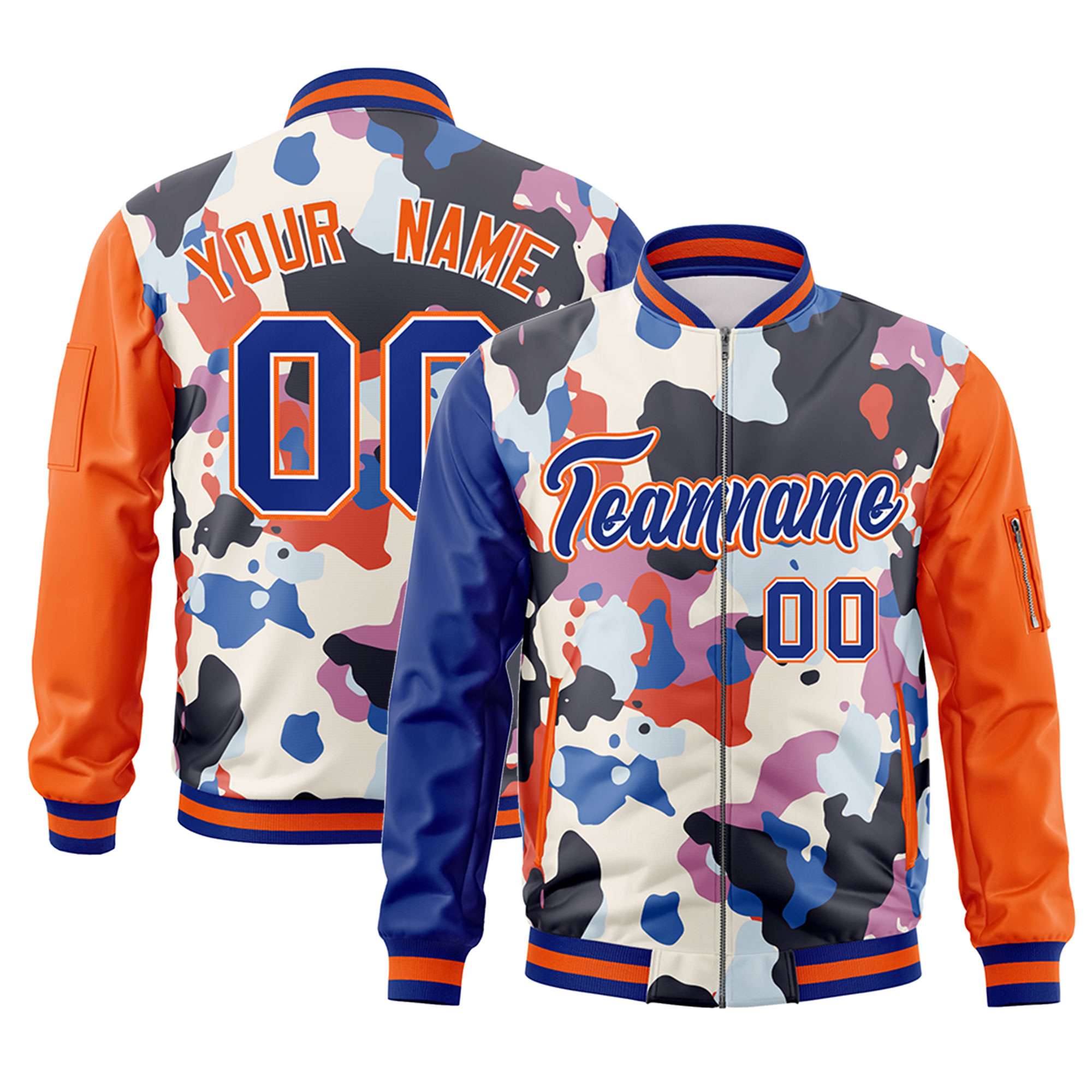 Custom Royal Orange Varsity Full-Zip Graffiti Pattern Letterman Bomber Jacket