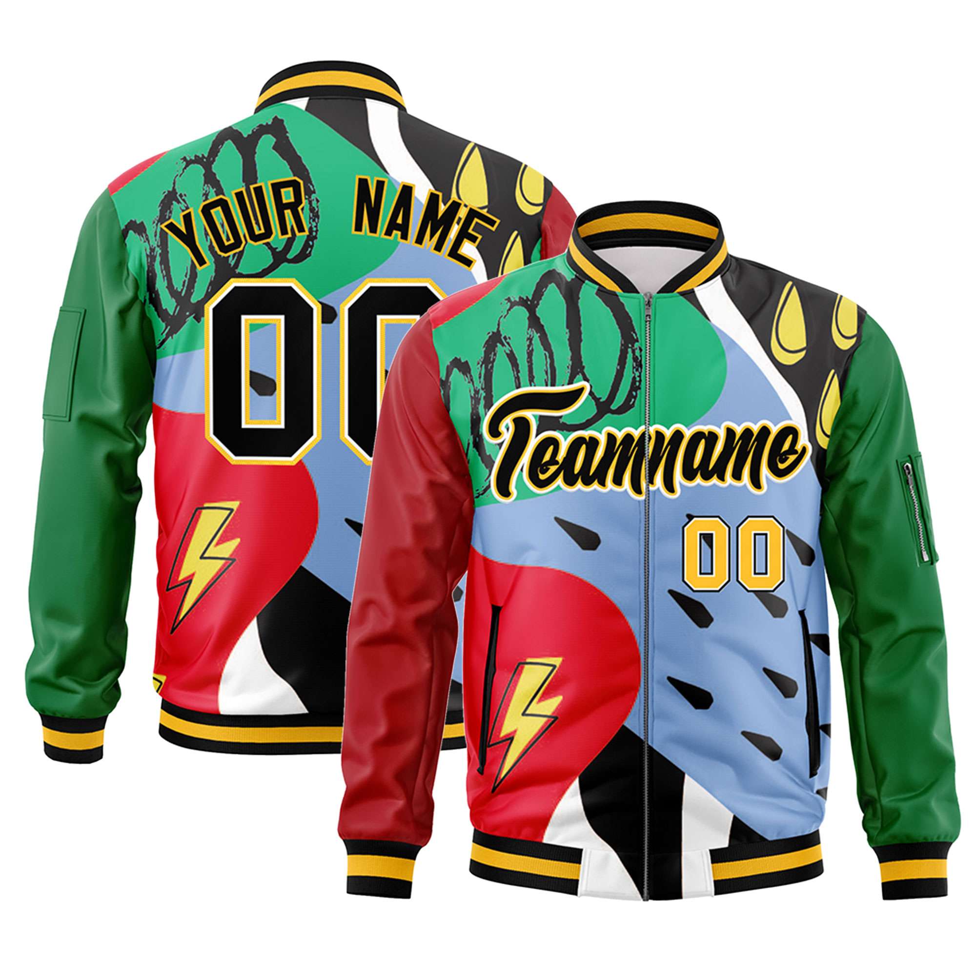 Custom Red Kelly Green-Black Varsity Full-Zip Graffiti Pattern Letterman Bomber Jacket