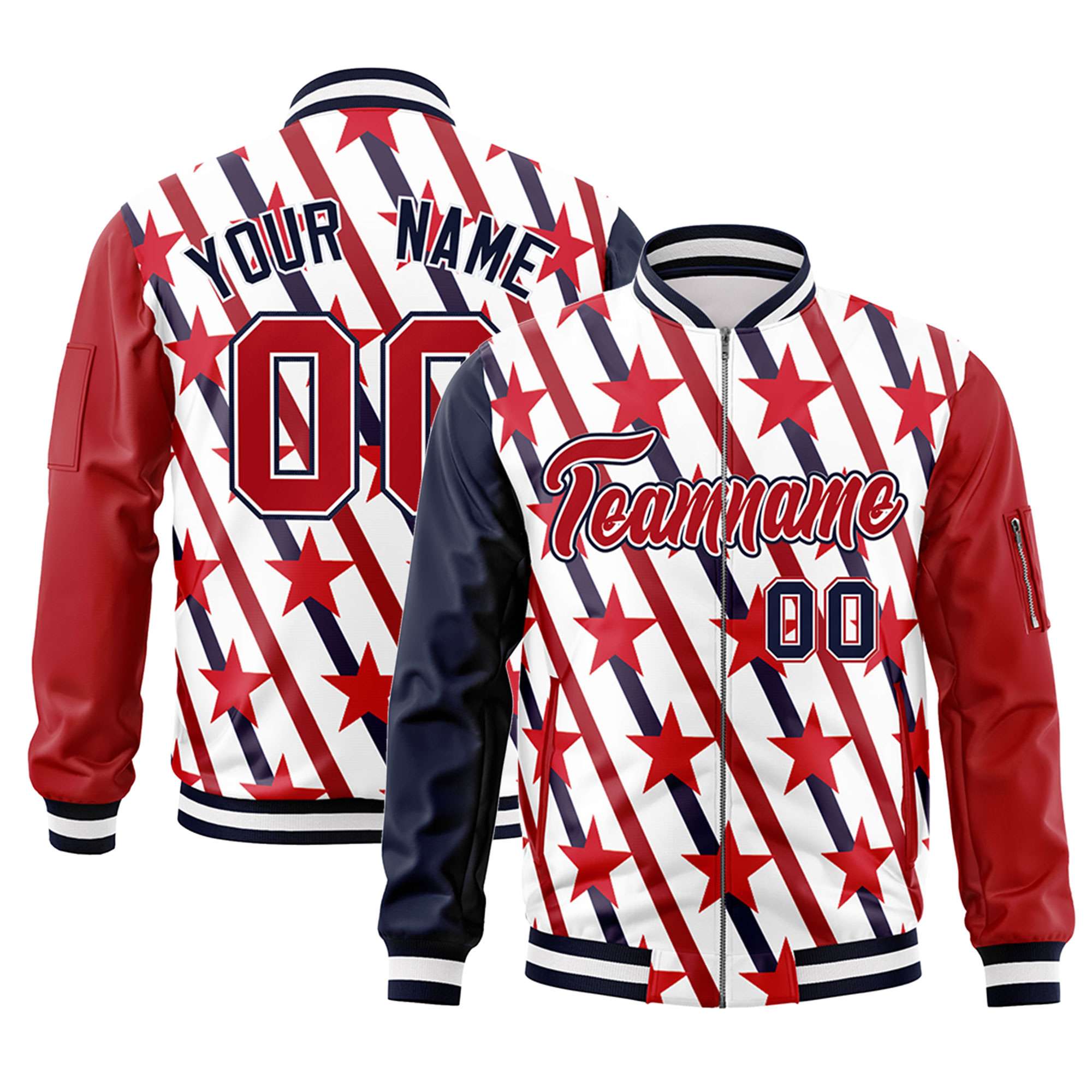 Custom Navy Red-White Varsity Full-Zip Graffiti Pattern Letterman Bomber Jacket