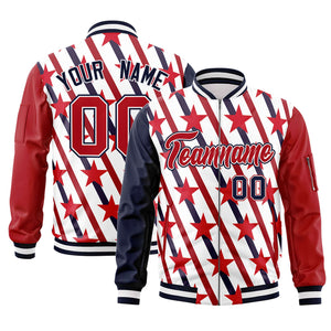 Custom Navy Red-White Varsity Full-Zip Graffiti Pattern Letterman Bomber Jacket