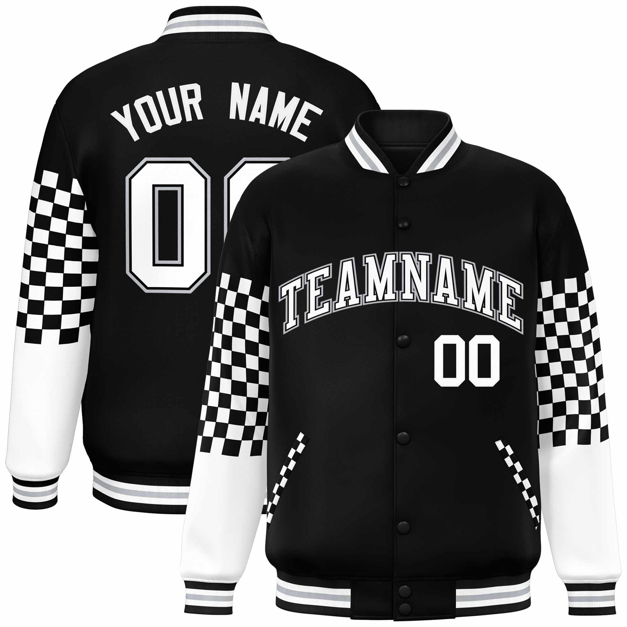 Custom Black White-Gray Checkered Pattern Color Block Bomber Varsity Jacket