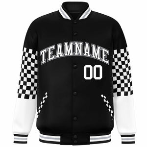 Custom Black White-Gray Checkered Pattern Color Block Bomber Varsity Jacket