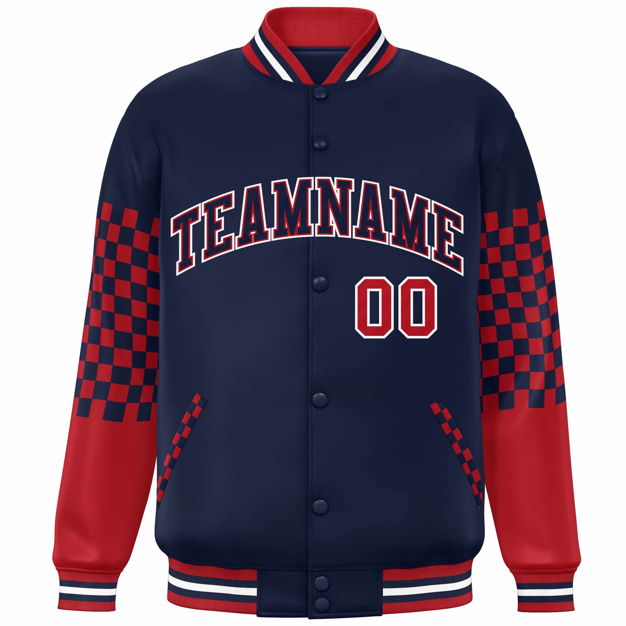 Custom Navy Red-White Checkered Pattern Color Block Bomber Varsity Jacket