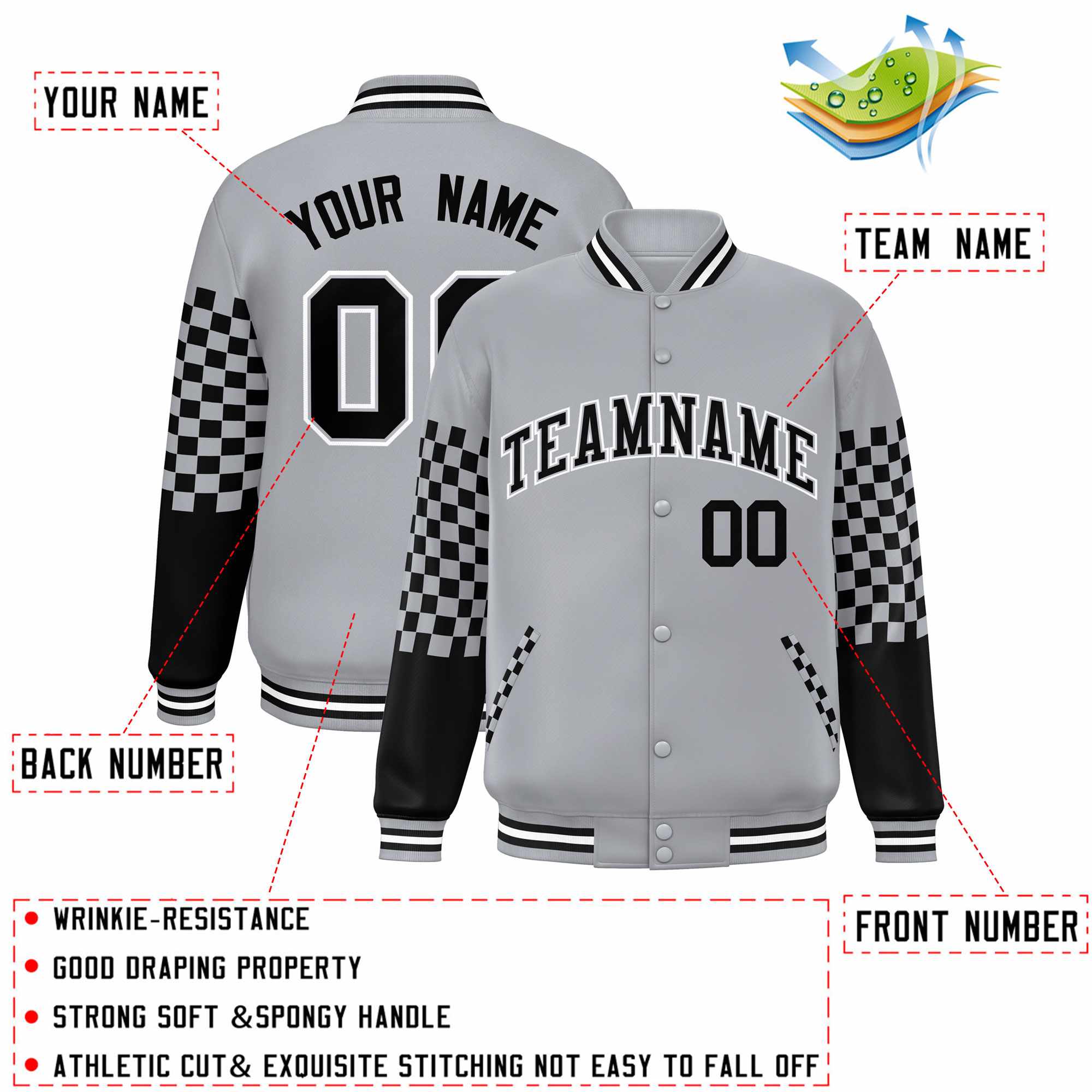 Custom Gray Black-White Checkered Pattern Color Block Bomber Varsity Jacket