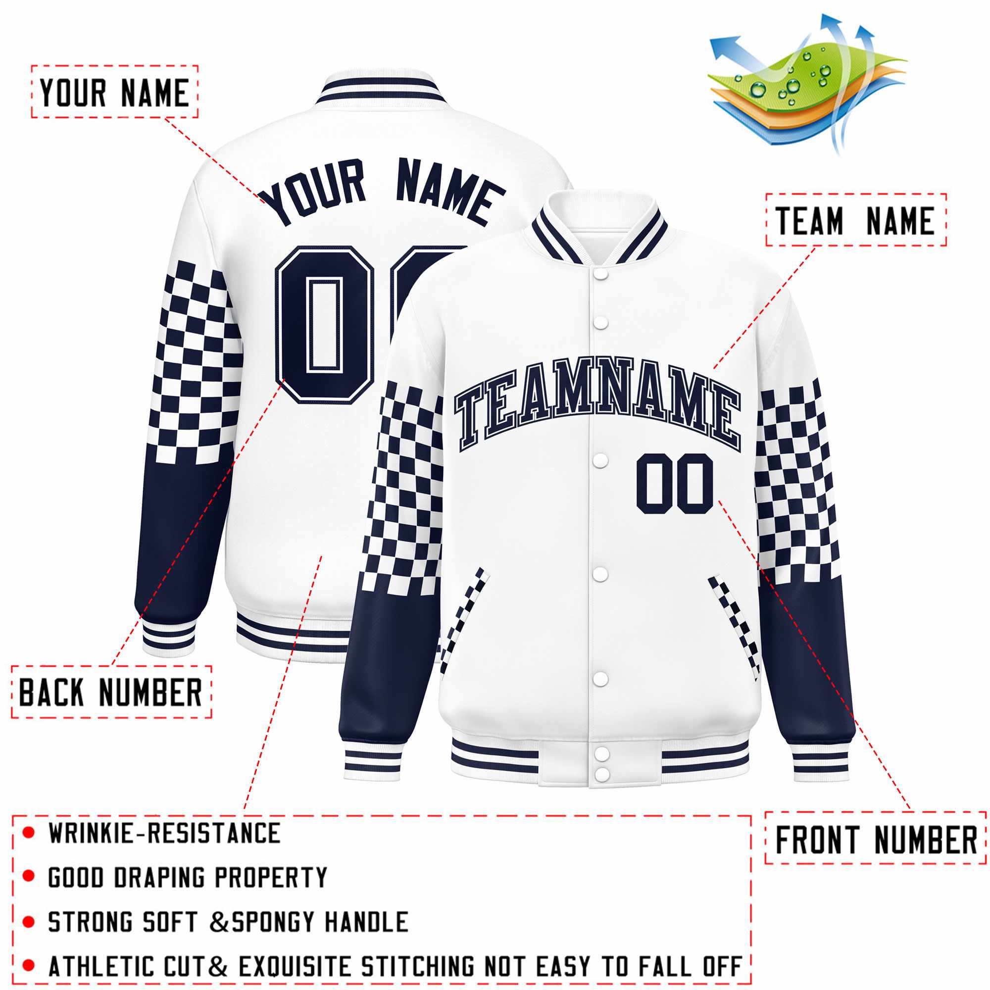 Custom White Navy Checkered Pattern Color Block Bomber Varsity Jacket