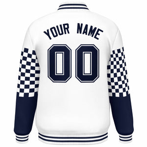 Custom White Navy Checkered Pattern Color Block Bomber Varsity Jacket