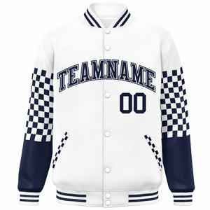 Custom White Navy Checkered Pattern Color Block Bomber Varsity Jacket