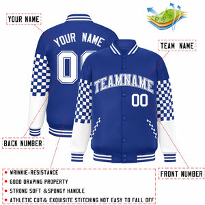 Custom Royal White Checkered Pattern Color Block Bomber Varsity Jacket