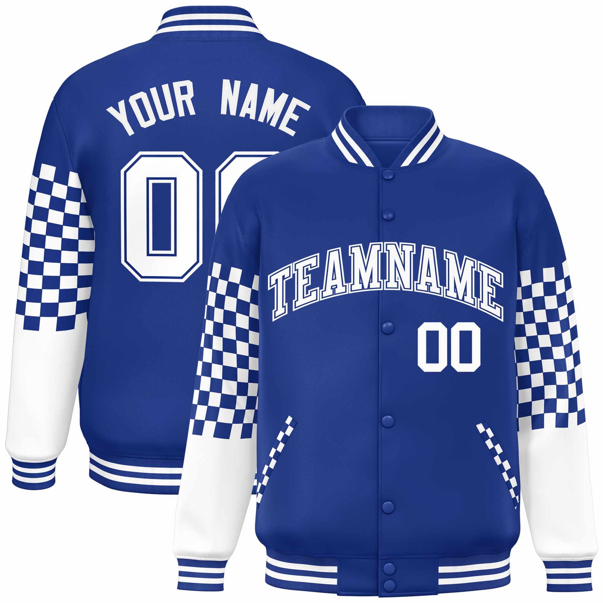 Custom Royal White Checkered Pattern Color Block Bomber Varsity Jacket