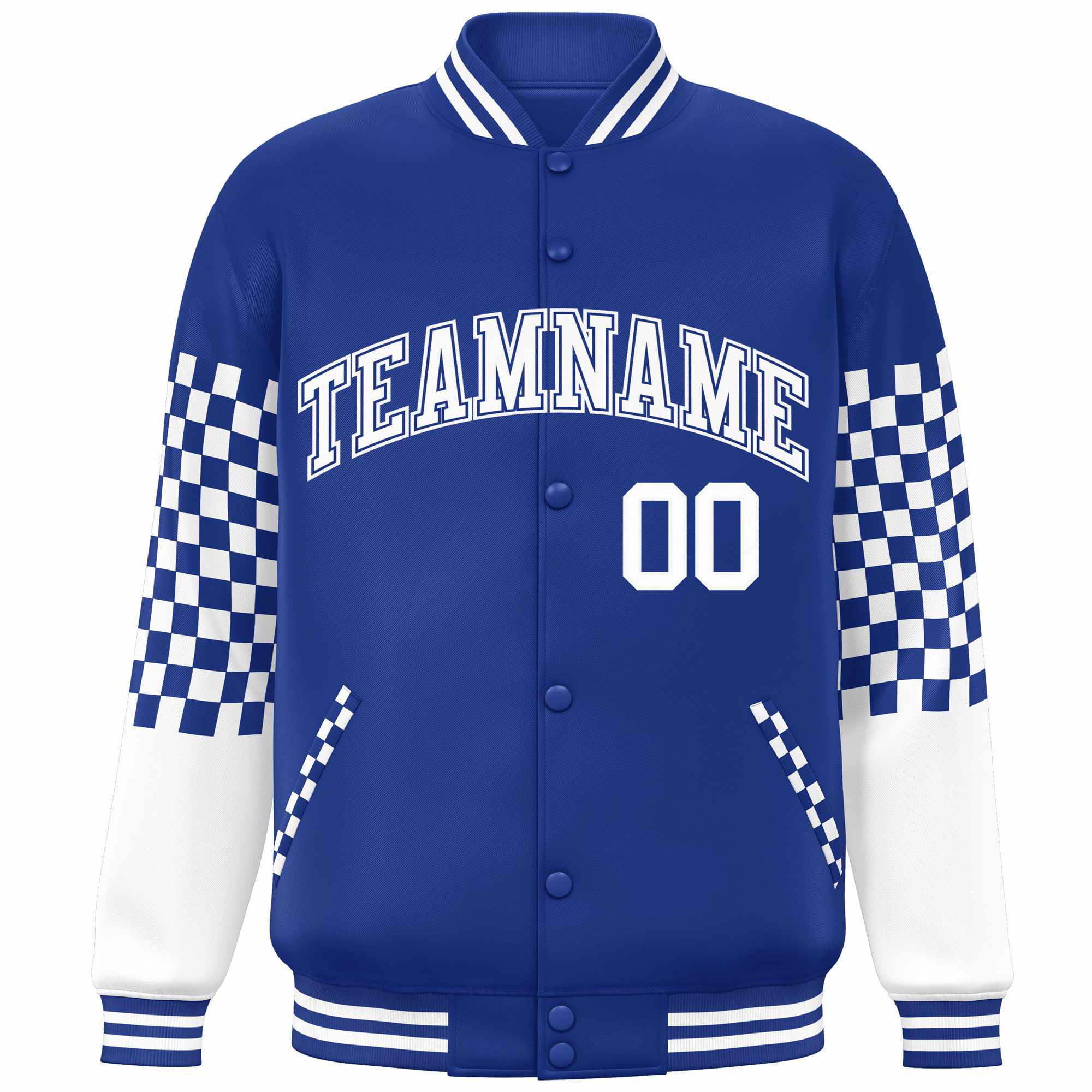 Custom Royal White Checkered Pattern Color Block Bomber Varsity Jacket