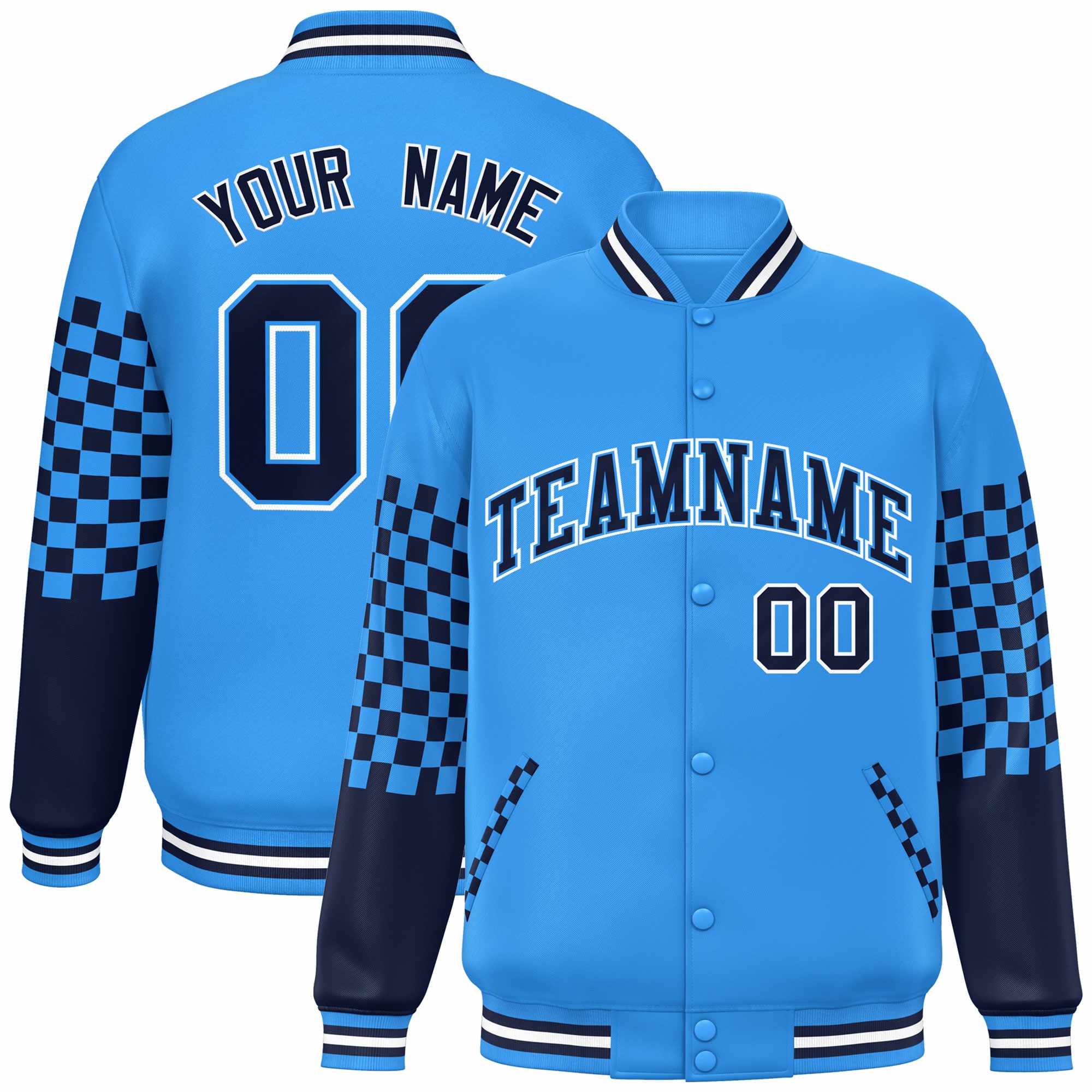 Custom Powder Blue Navy-White Checkered Pattern Color Block Bomber Varsity Jacket