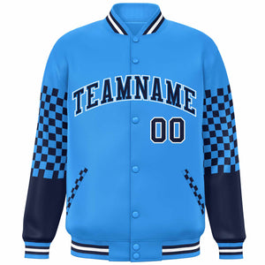 Custom Powder Blue Navy-White Checkered Pattern Color Block Bomber Varsity Jacket