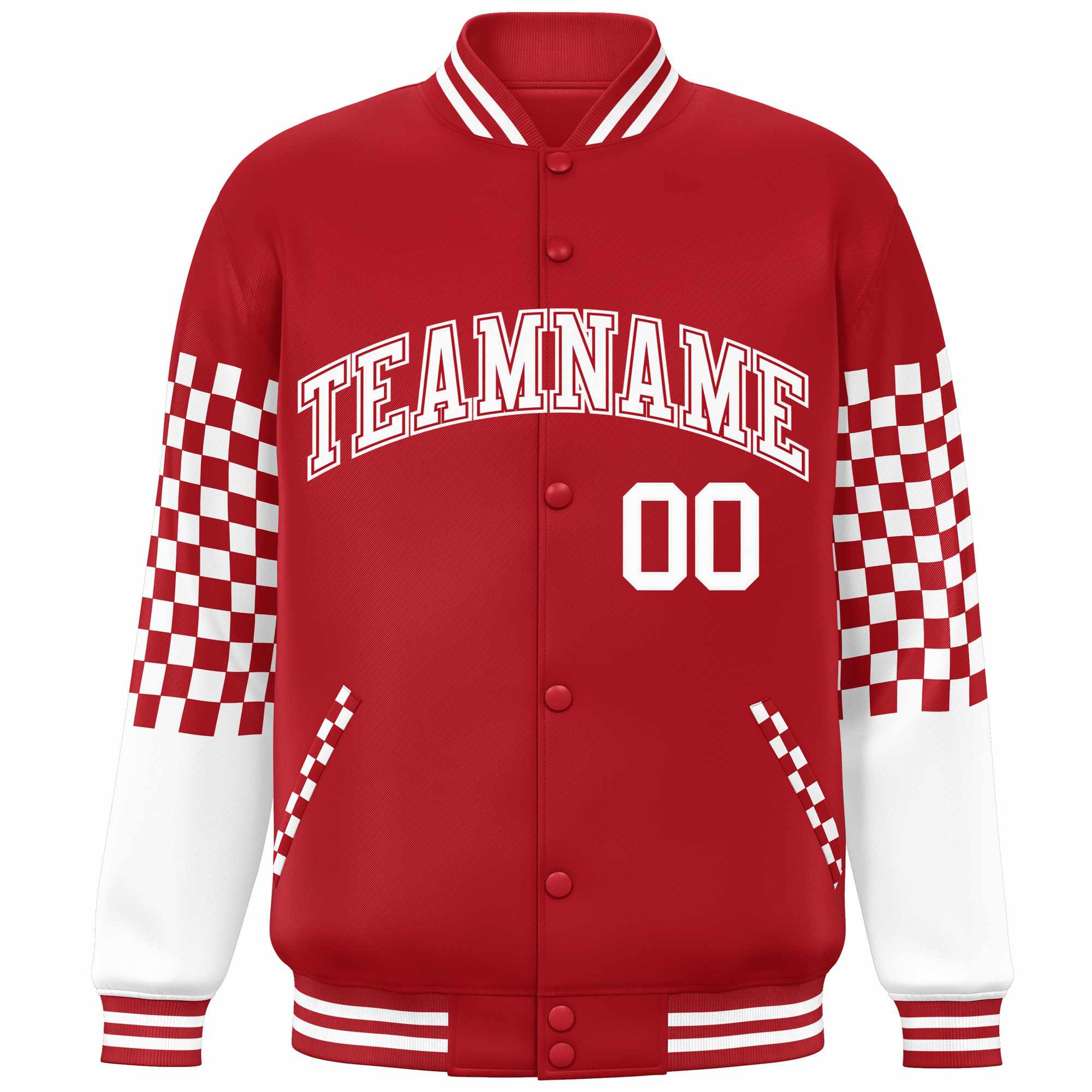 Custom Red White Checkered Pattern Color Block Bomber Varsity Jacket