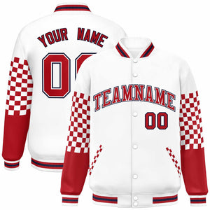 Custom White Red-Navy Checkered Pattern Color Block Bomber Varsity Jacket