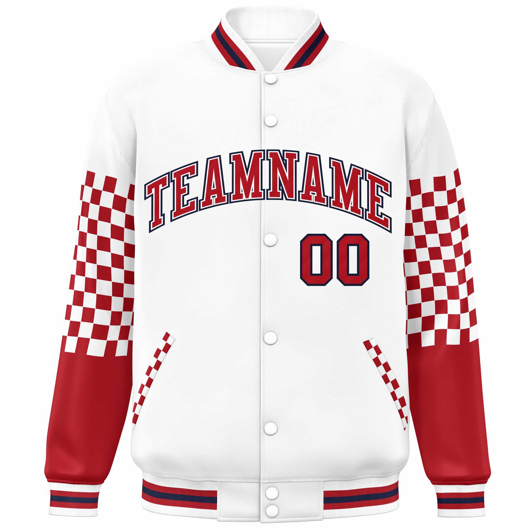 Custom White Red-Navy Checkered Pattern Color Block Bomber Varsity Jacket