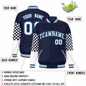 Custom Navy White-Powder Blue Checkered Pattern Color Block Bomber Varsity Jacket