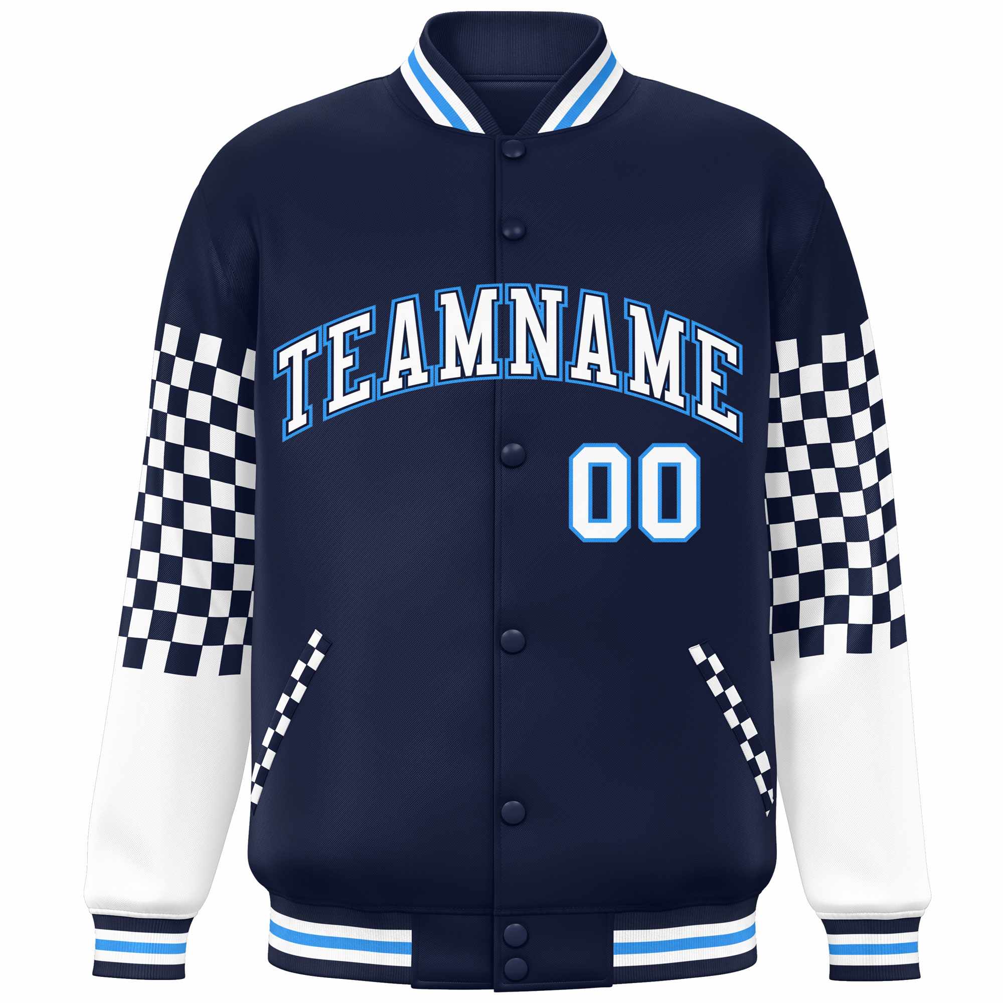 Custom Navy White-Powder Blue Checkered Pattern Color Block Bomber Varsity Jacket