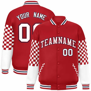 Custom Red White-Navy Checkered Pattern Color Block Bomber Varsity Jacket