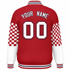 Custom Red White-Navy Checkered Pattern Color Block Bomber Varsity Jacket