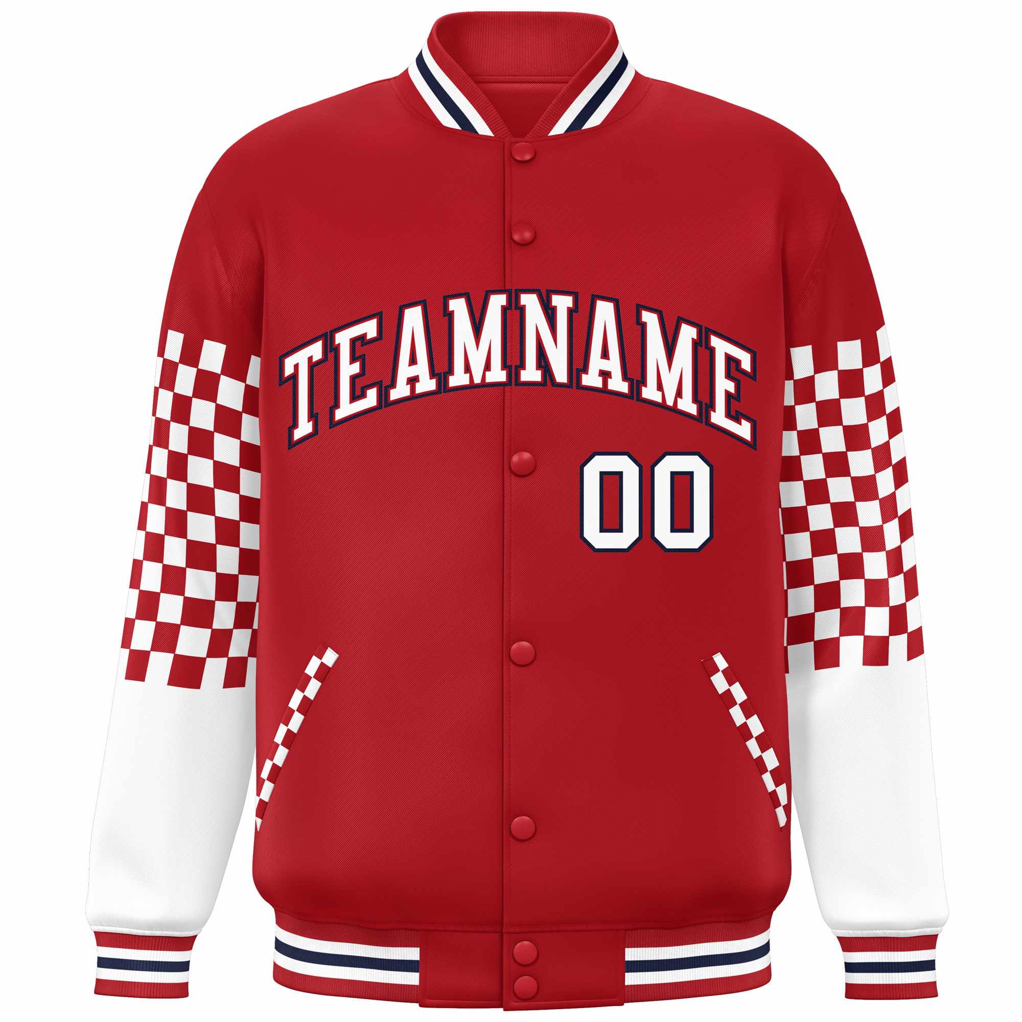 Custom Red White-Navy Checkered Pattern Color Block Bomber Varsity Jacket