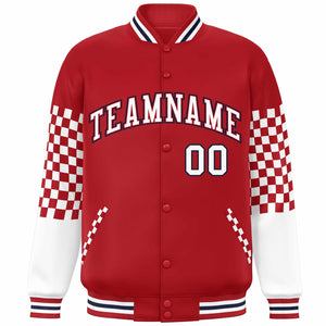 Custom Red White-Navy Checkered Pattern Color Block Bomber Varsity Jacket