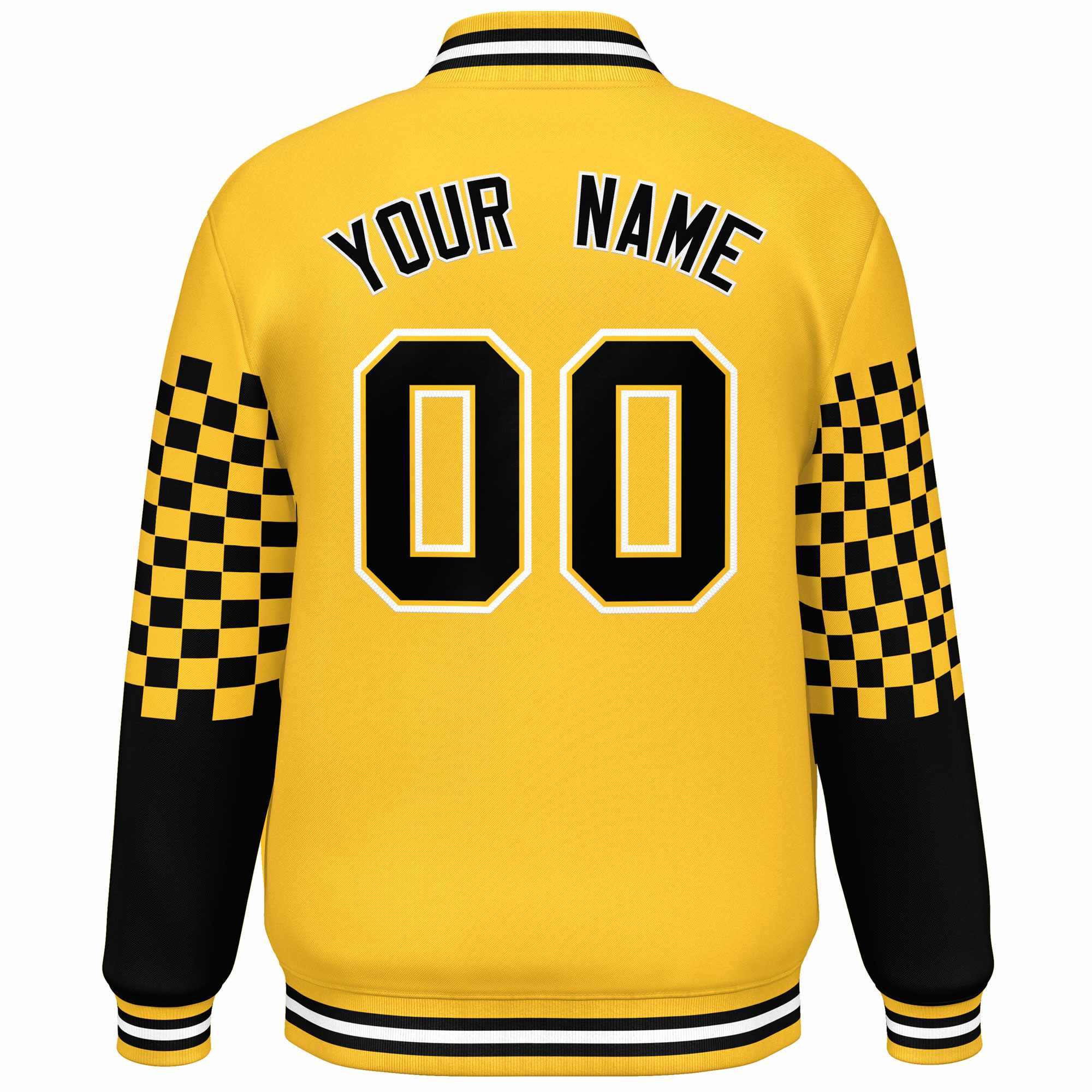 Custom Gold Black-White Checkered Pattern Color Block Bomber Varsity Jacket