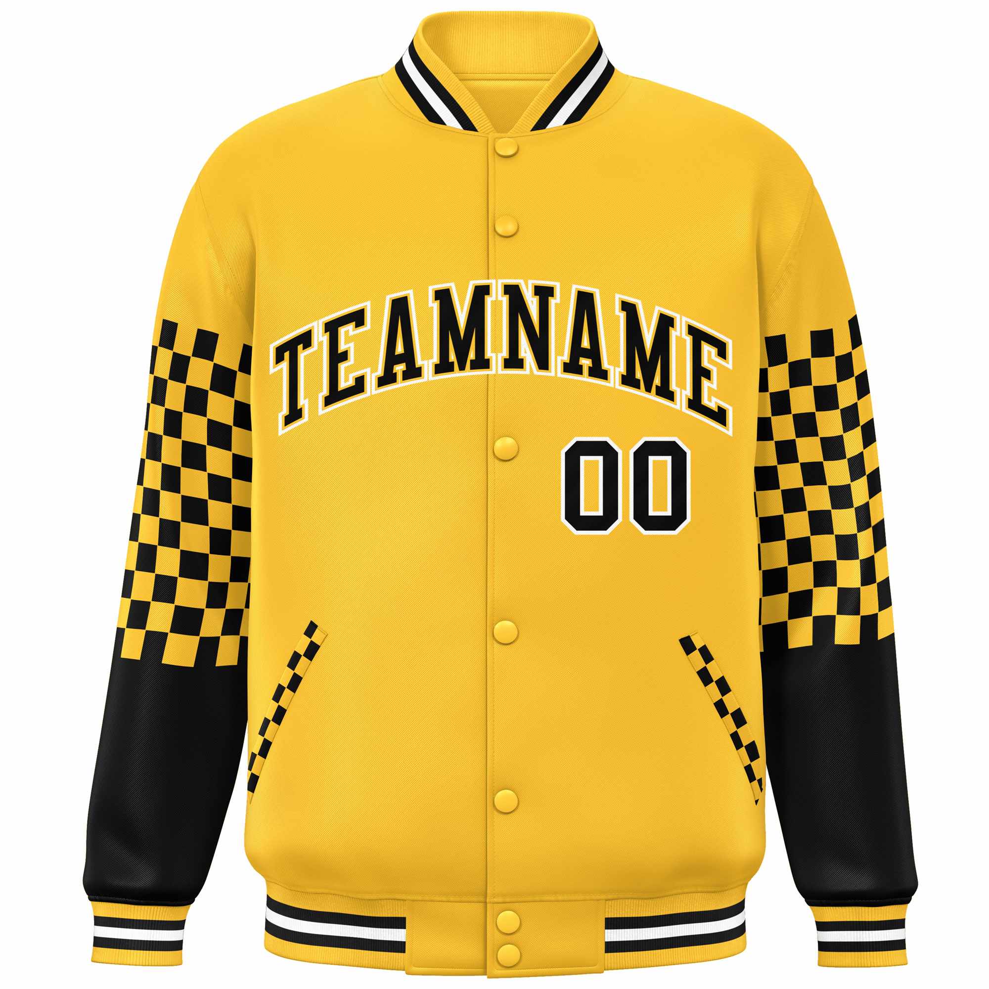 Custom Gold Black-White Checkered Pattern Color Block Bomber Varsity Jacket