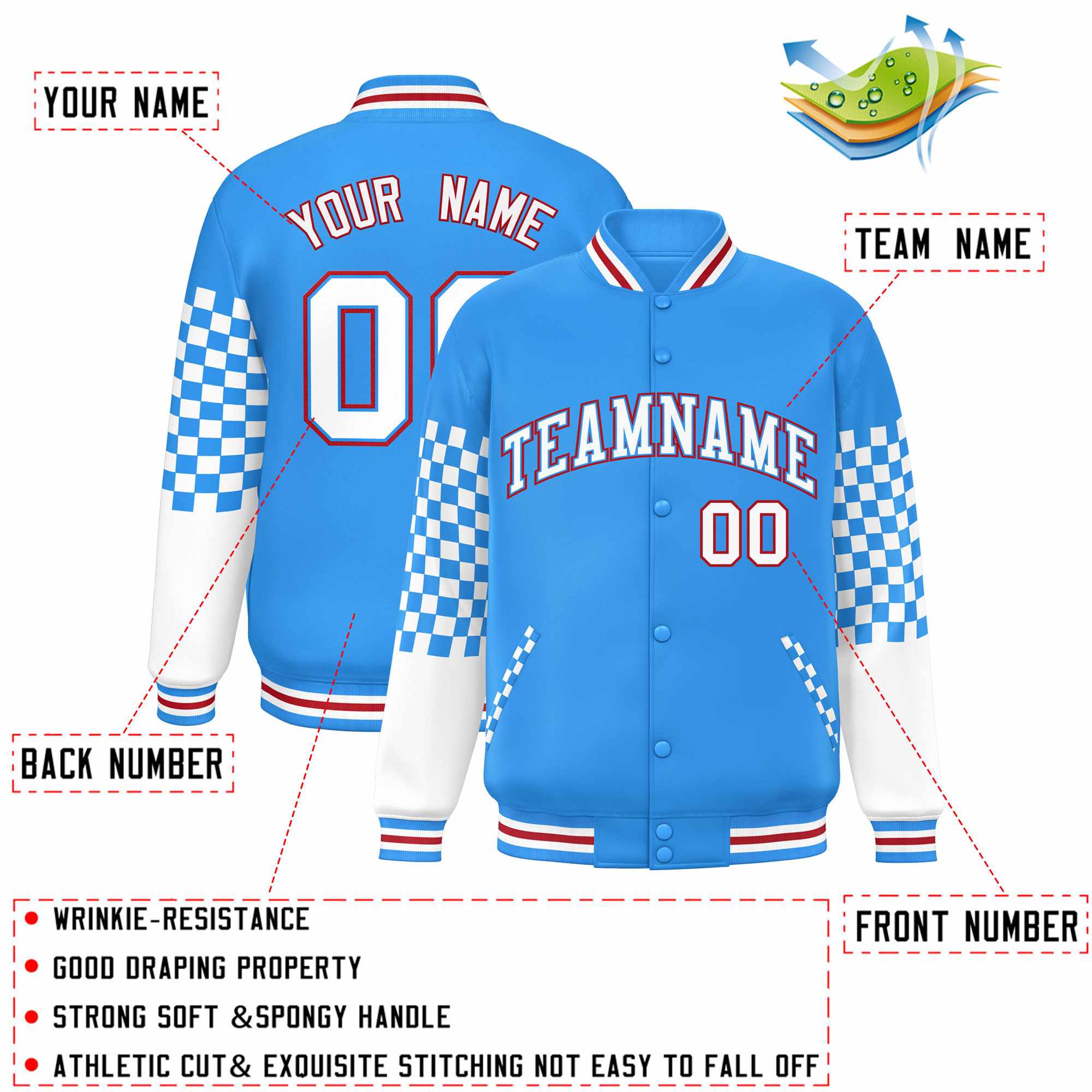 Custom Powder Blue White-Red Checkered Pattern Color Block Bomber Varsity Jacket