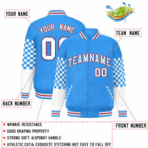 Custom Powder Blue White-Red Checkered Pattern Color Block Bomber Varsity Jacket