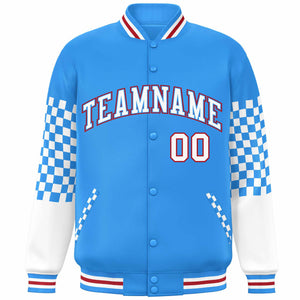 Custom Powder Blue White-Red Checkered Pattern Color Block Bomber Varsity Jacket