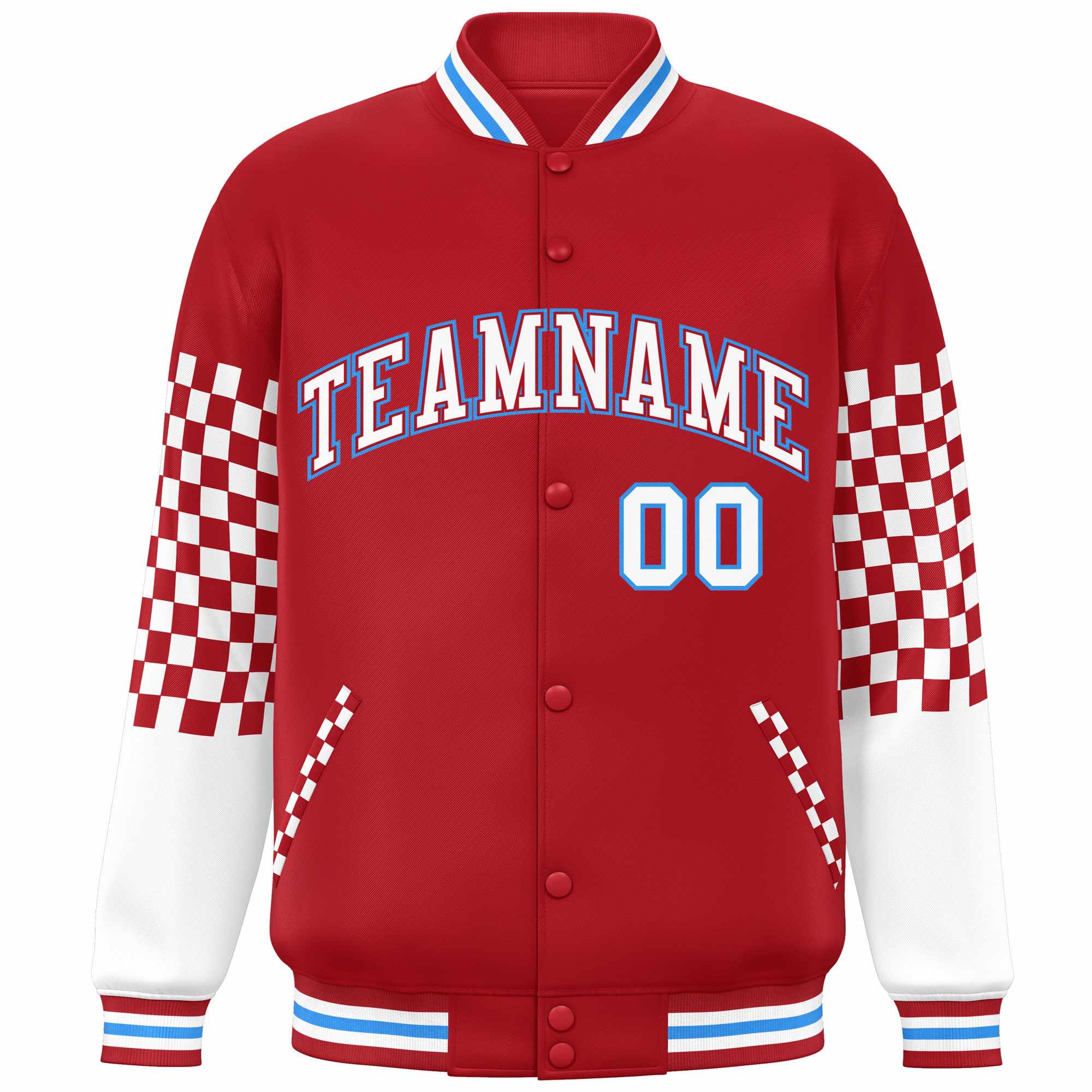 Custom Red White-Powder Blue Checkered Pattern Color Block Bomber Varsity Jacket